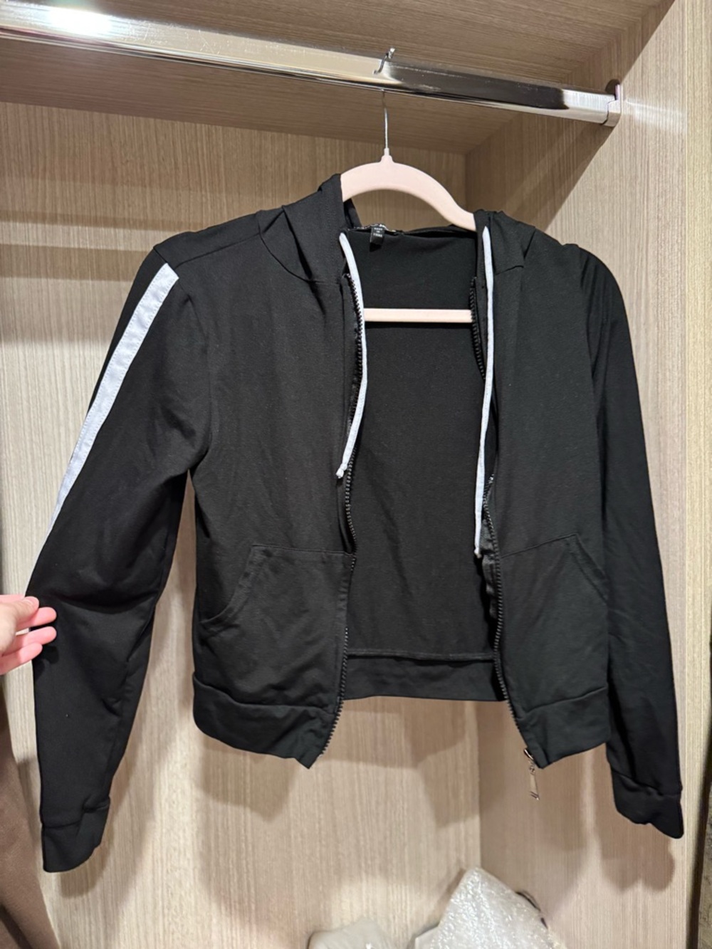 Fashion Nova Black Hooded Zip-Up Jacket with Contrast Stripe